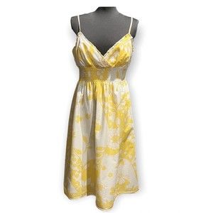 Bisou Bisou Women's Romantic Lined Smocked Dress W/ Ruffles & Lace Size14 Yellow